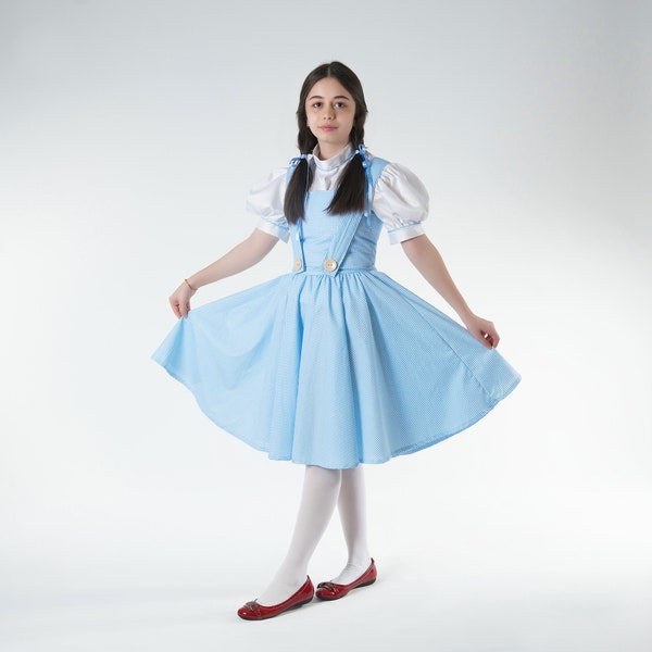Wizard of Oz Dorothy Costume, Wizard of Oz Costume Cosplay, Theater Costume, Twirl Dress, Long Blue Dress and White Shirt, Organic Cotton