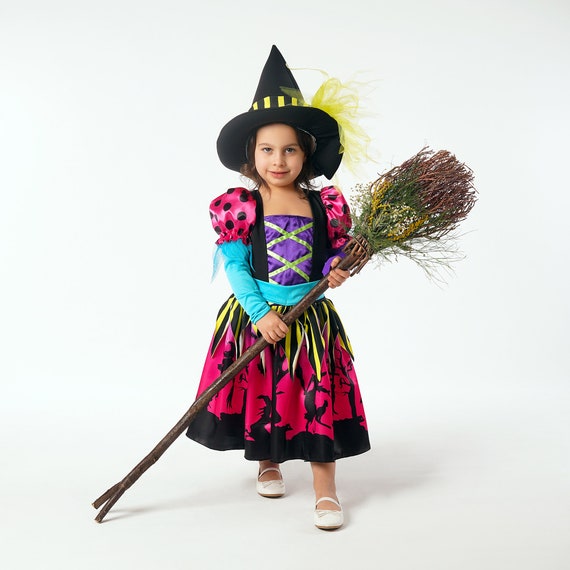 Hexenkostüm Für Mädchen (3–12 Jahre) – Lila-schwarzes Kleid Mit Hut, Abnehmbarem Besen, Ideal Für Halloween & Karneval