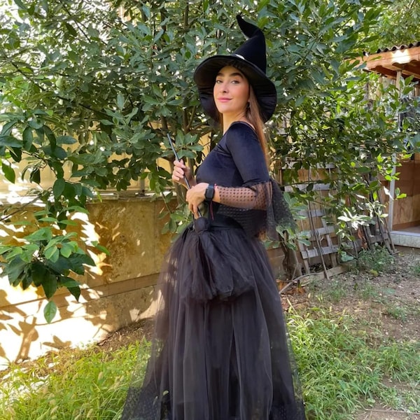 Disfraz de Bruja Negra Mujer, Disfraz de Halloween para Adulto, Sombrero de Bruja, Falda de Tul, Disfraz de Bruja, Tela de Terciopelo, ENVÍO EXPRESS