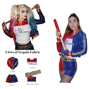 Harley Quinn Costume for Adults, Harley Quinn Jacket, DC Comics, Hallowen Costumes,  Girls Harley Quinn Costume Cosplay, Sequin Fabric