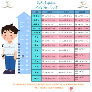 May include: A size chart for a crib costume, showing measurements in inches and centimeters for chest, waist, and height. The chart includes sizes for children from 0-3 months to 10 years old.