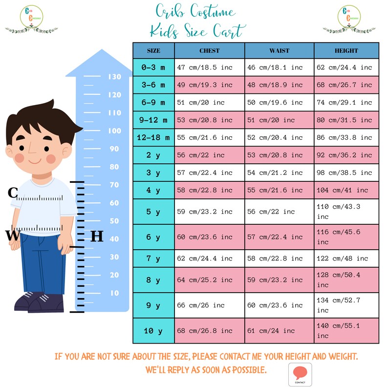 May include: A size chart for a crib costume, showing measurements in inches and centimeters for chest, waist, and height. The chart includes sizes for children from 0-3 months to 10 years old.