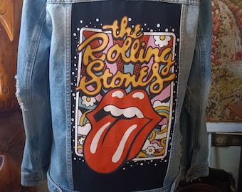 OOAK Upcycled denim Jacket Rolling Stones