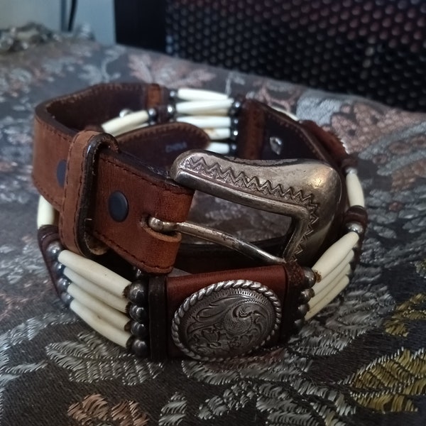 Vintage Tony Lama Bonepipe and Concho Leather Belt