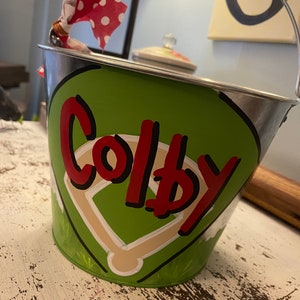 Hand Painted Baseball Softball Galvanized Bucket