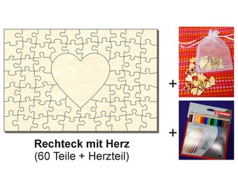 Holzpuzzle Rechteck mit Herz, 60 x 40 cm, 61 Teile + Zubehör, Heiraten, Hochzeit, Liebe, Freundschaft, Puzzel, Gestalten, Dekorieren, Feier