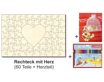 Wooden rectangular puzzle with heart, 60 x 40 cm, 61 pieces + accessories, for weddings, love, friendship, crafting, decorating, and celebrations.