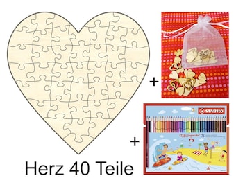 Wooden heart puzzle, 19 x 19 cm, 40 pieces + accessories, wedding, love, friendship, puzzle, crafting, decorating, celebration, creative