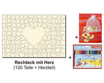 Wooden rectangular puzzle with heart, 60 x 40 cm, 121 pieces + accessories, for weddings, love, friendship, crafting, decorating, and celebrations.