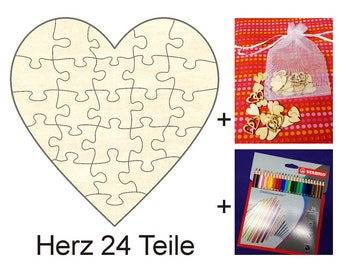 Holzpuzzle Herz, 19 x 19 cm, 24 Teile + Zubehör, Heiraten, Hochzeit, Liebe, Freundschaft, Puzzel, Gestalten, Dekorieren, Feier, kreativ