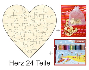Wooden heart puzzle, 19 x 19 cm, 24 pieces + accessories, for weddings, love, friendship, crafting, decorating, celebrations, and creative projects.