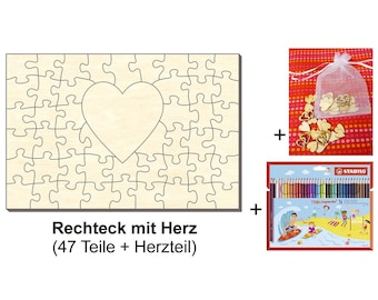 Wooden rectangular puzzle with heart, 60 x 40 cm, 48 pieces + accessories, for weddings, love, friendship, crafting, decorating, and celebrations.