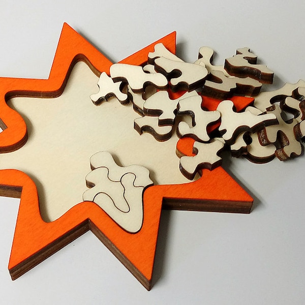 DiffiKult Holz-Puzzle Stern klein - orange, 12 cm Durchmesser, 25 Teile, Rätsel, knifflig, Geduldsspiel, Tüftelspiel, Zeitvertreib, Puzzel