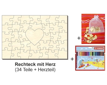 Wooden rectangular puzzle with heart, 60 x 40 cm, 35 pieces + accessories, for weddings, love, friendship, crafting, decorating, and celebrations.