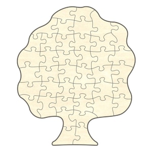 Könnte beinhalten: Ein beigefarbenes Puzzle in Form eines Baumes. Die Puzzleteile sind in Grau umrandet.