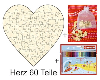 Wooden heart puzzle, 56 x 56 cm, 60 pieces + accessories, for weddings, love, friendship, crafting, decorating, celebrations, and creative projects.
