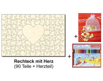 Wooden rectangular puzzle with heart, 60 x 40 cm, 91 pieces + accessories, for weddings, love, friendship, crafting, decorating, and celebrations.