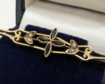 Ladies vintage 9ct yellow gold blue marquise flower seed pearl bar brooch
