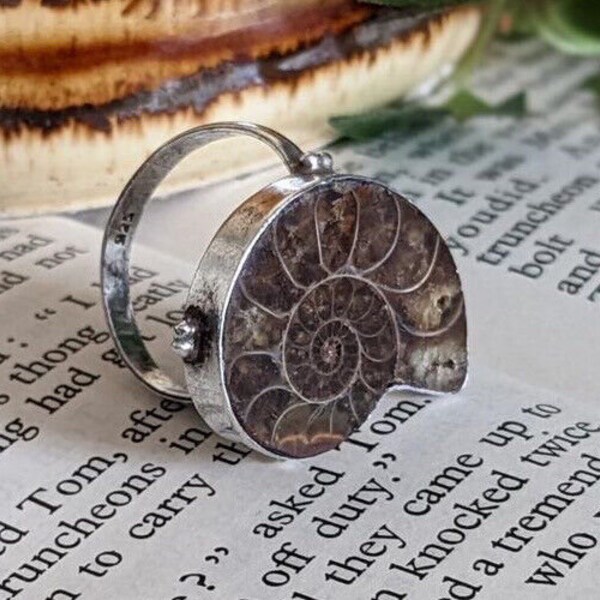 Unisex sterling silver 925 ammonite fossil natural snail adjustable ring size s