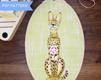 Serval in an Oval Hoop Hand Embroidery Pattern: Beginner Threadpainting (PDF Pattern)