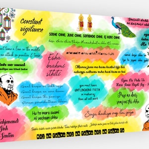 May include: A colorful watercolor painting with inspirational quotes in Hindi and English. The painting features a peacock, a sunflower, and a lantern. The text includes phrases like "Constant vigilance", "Esha brahimi sthiti", and "Sayi kadiye my lai gayo".