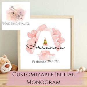 Customizable Initial Monogram, Watercolor Flower, Baby Nursery, Made to Order Download, Digital Print, Wall Art, Birth Announce Personalize