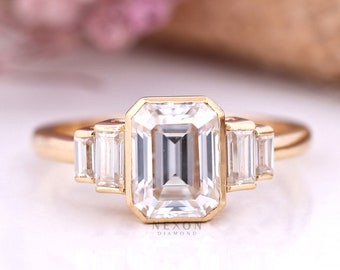 Fünf Stein Smaragd Schnitt Labor gewachsen Diamant Verlobungsring Baguette Schnitt Seite Stein Ring Lünette Set Ehering Einzigartige Frauen Jubiläum Ring