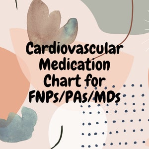 May include: A chart with the text "Cardiovascular Medication Chart for FNPs/PAs/MDs" on a pink background with abstract shapes in blue, green, and brown.