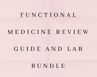 May include: A light pink background with the words "FUNCTIONAL MEDICINE REVIEW GUIDE AND LAB BUNDLE" in a black, serif font. The text is centered and stacked vertically.
