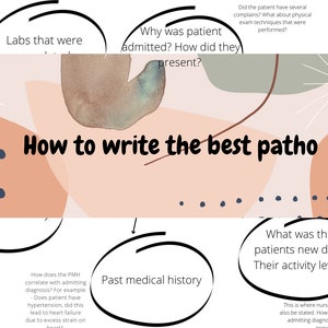 May include: A diagram with a peach, green, and brown background with the text "How to write the best patho" in black. The diagram has five circles with text inside each circle. The circles are connected by arrows. The text in the circles is: "Labs that were", "Why was patient admitted? How did they present?", "Past medical history", "What was the patients new diet? Their activity level?", and "How does the PMH correlate with admitting diagnosis? For example -Does patient have hypertension, did this lead to heart failure due to excess strain on heart?"