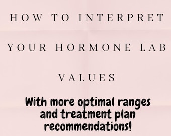 May include: A light pink background with black text that reads "HOW TO INTERPRET YOUR HORMONE LAB VALUES." Below, in a different font, it says "With more optimal ranges and treatment plan recommendations!"