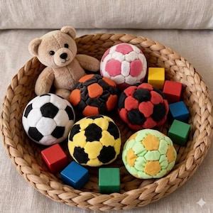 Puede incluir: Una cesta de mimbre llena de balones de fútbol de colores y pequeños bloques de madera. Los balones de fútbol son de varios colores, incluyendo blanco y negro, amarillo, naranja, rojo, rosa y verde. Un pequeño oso de peluche está presente.