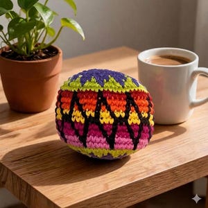 May include: A colorful, crocheted ball with a geometric pattern in shades of purple, green, orange, yellow, and pink. The handmade sphere sits on a wooden surface, next to a white mug and a potted plant.