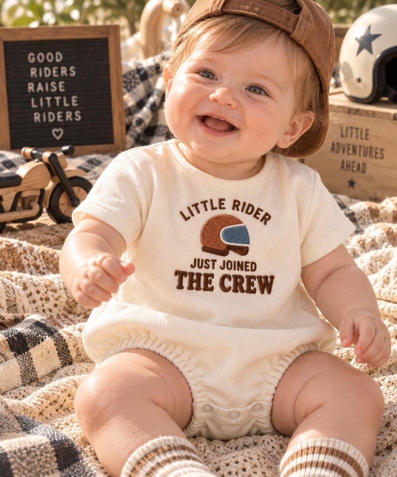 Baby Rider Instergram Little Rider Just Joined the Crew Embroidered Romper, Motorcycle Baby ...
