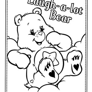Peut inclure: Illustration en noir et blanc de Laugh-a-lot Bear, un personnage de Care Bear. L'ours est assis sur un nuage et a une &eacute;toile sur le ventre. Le texte "Laugh-a-lot Bear" est &eacute;crit au-dessus de l'ours.