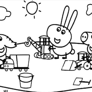 Puede incluir: Una página para colorear en blanco y negro con un cerdo, un conejo y un ratón jugando con vehículos de construcción de juguete. El sol brilla en el fondo.