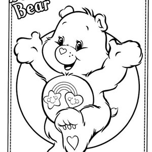 Peut inclure: Page de coloriage en noir et blanc repr&eacute;sentant un ours en dessin anim&eacute; avec un arc-en-ciel et des &eacute;toiles sur la poitrine. Le texte "Best Friend Bear" est en haut de la page.