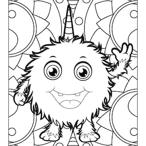 May include: A black and white line drawing of a fuzzy, friendly monster with a horn on its head. The monster is smiling and waving with one hand. The background is a decorative pattern of circles and swirls.