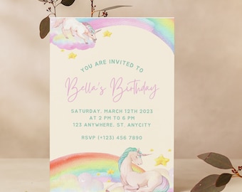 Einhorn-Geburtstags-Einladung, Einhorn-Geburtstags-Einladung, Einhorn-Party-Einladung, bearbeitbare Einladung, Einhorn