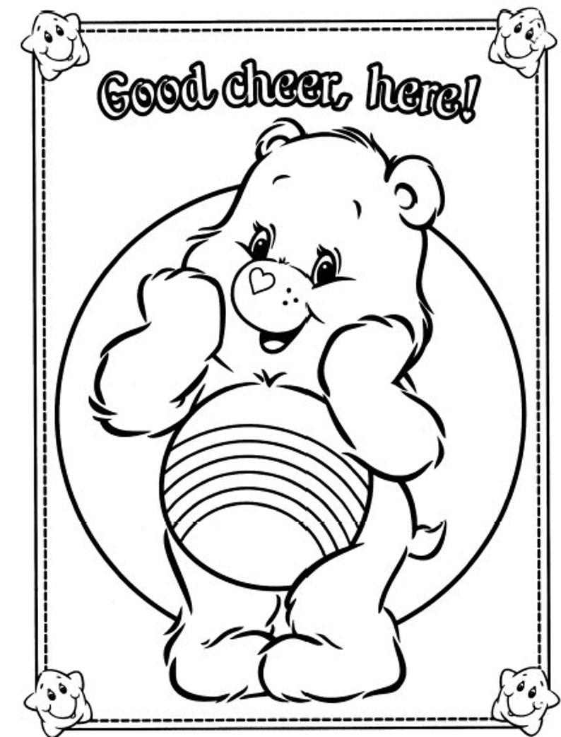 Peut inclure: Un dessin au trait noir et blanc d'un Care Bear avec un arc-en-ciel sur le ventre. Le Care Bear sourit et a un c&oelig;ur sur le nez. Le texte "Good cheer, here!" est au-dessus du Care Bear.