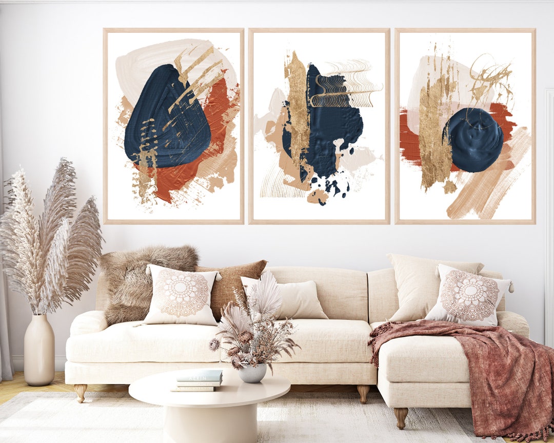 Abstract Wall Art, Blue Orange and Gold, Set of 3 Printable Wall Art