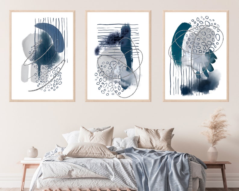 Abstract Wall Art Blue Grey and Silver Set of 3 Printable - Etsy