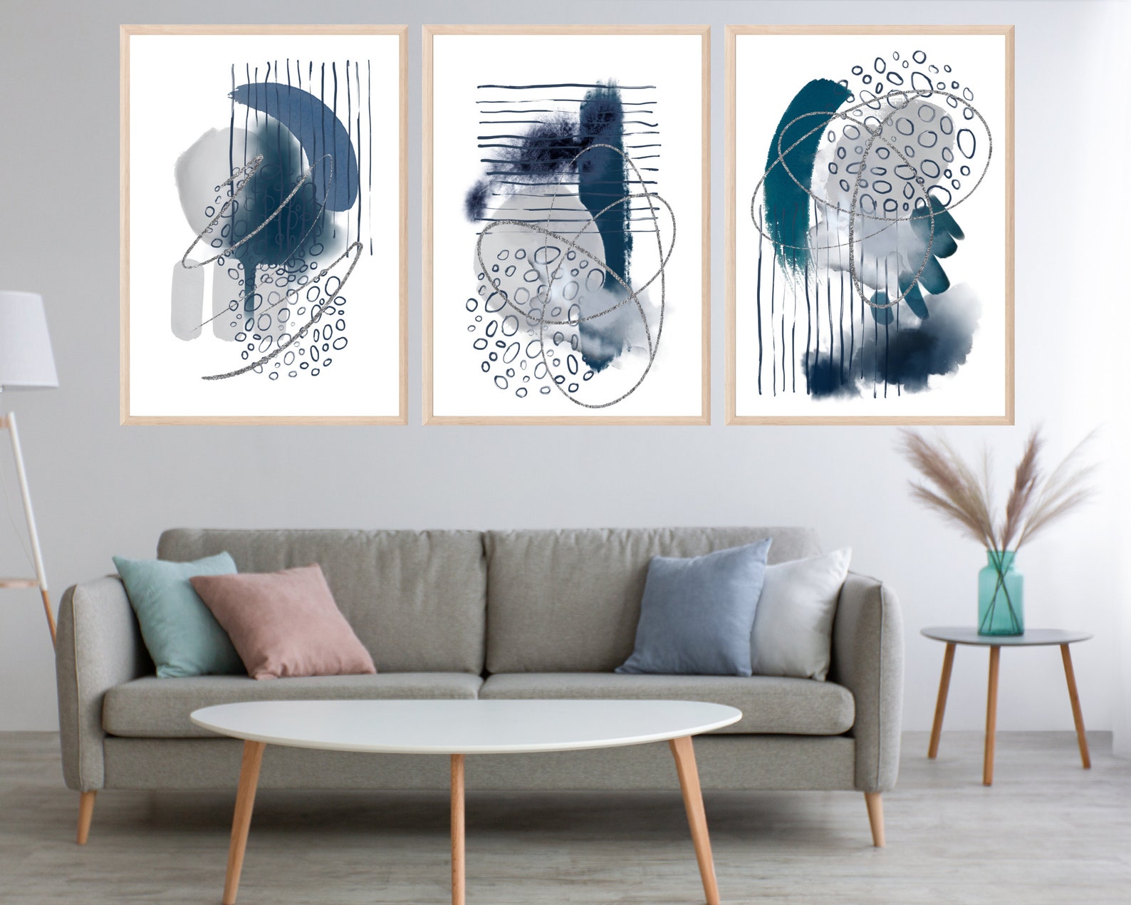 Abstract Wall Art Blue Grey and Silver Set of 3 Printable - Etsy