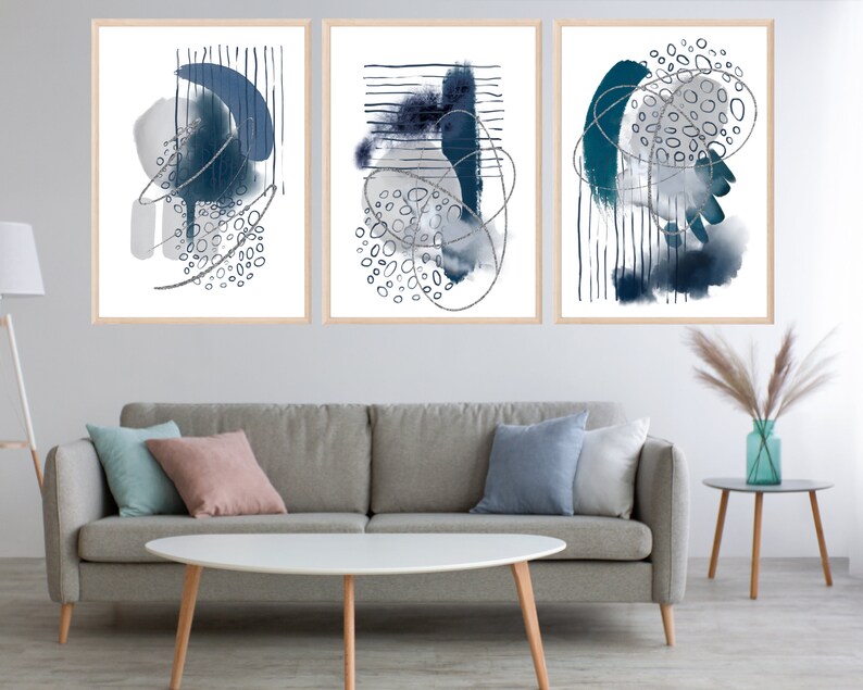 Abstract Wall Art Blue Grey and Silver Set of 3 Printable - Etsy