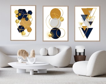 Geometric Blue Mustard Grey,Gold Wall Art, Set of 3 Printable Wall Art,Vibrant,Bold,Geometric, Modern,Living Room Wall Deco,BedRoom,Kitchen