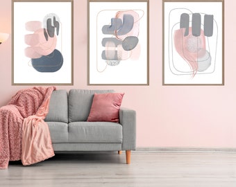 Abstract Wall Art, Rose Pink and Grey,Set of 3 Printable Wall Art,Vibrant Bold Modern Geometric Shapes, Bed Room Living Room Hallway Office