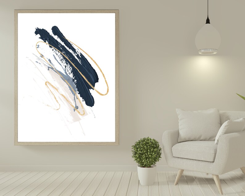 Abstract Wall Art Blue White and Gold Set of 3 Printable Wall Etsy