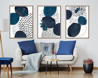 Abstract Wall Art, Black and  Blue, Set of 3 Printable Wall Art, Vibrant,Bold,Modern,Geometric Shapes, Bed Room Living Room Hallway