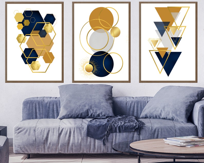 Geometric Blue Mustard Grey,gold Wall Art, Set of 3 Printable Wall Art