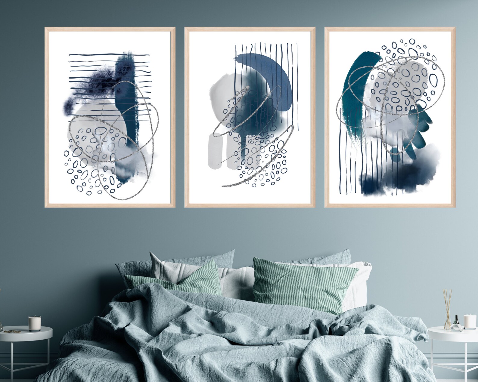 Abstract Wall Art Blue Grey and Silver Set of 3 Printable - Etsy